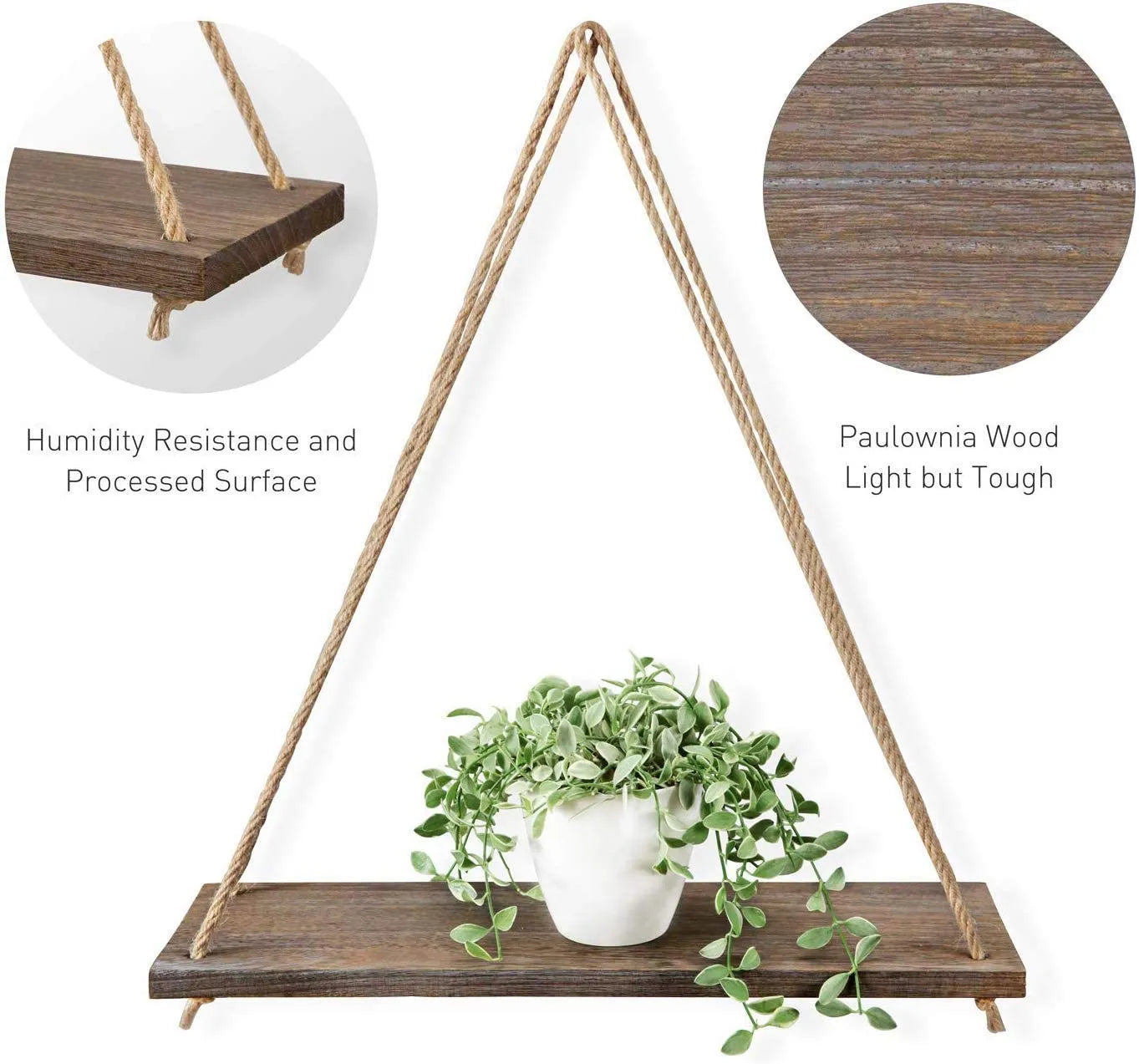 Wooden Rope Swing Wall Hanging Plant Flower Pot Tray - DecorGama