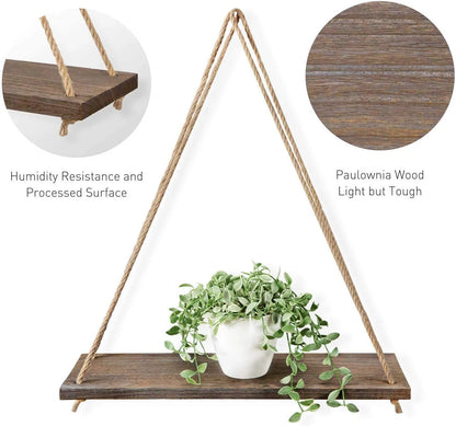 Wooden Rope Swing Wall Hanging Plant Flower Pot Tray - DecorGama