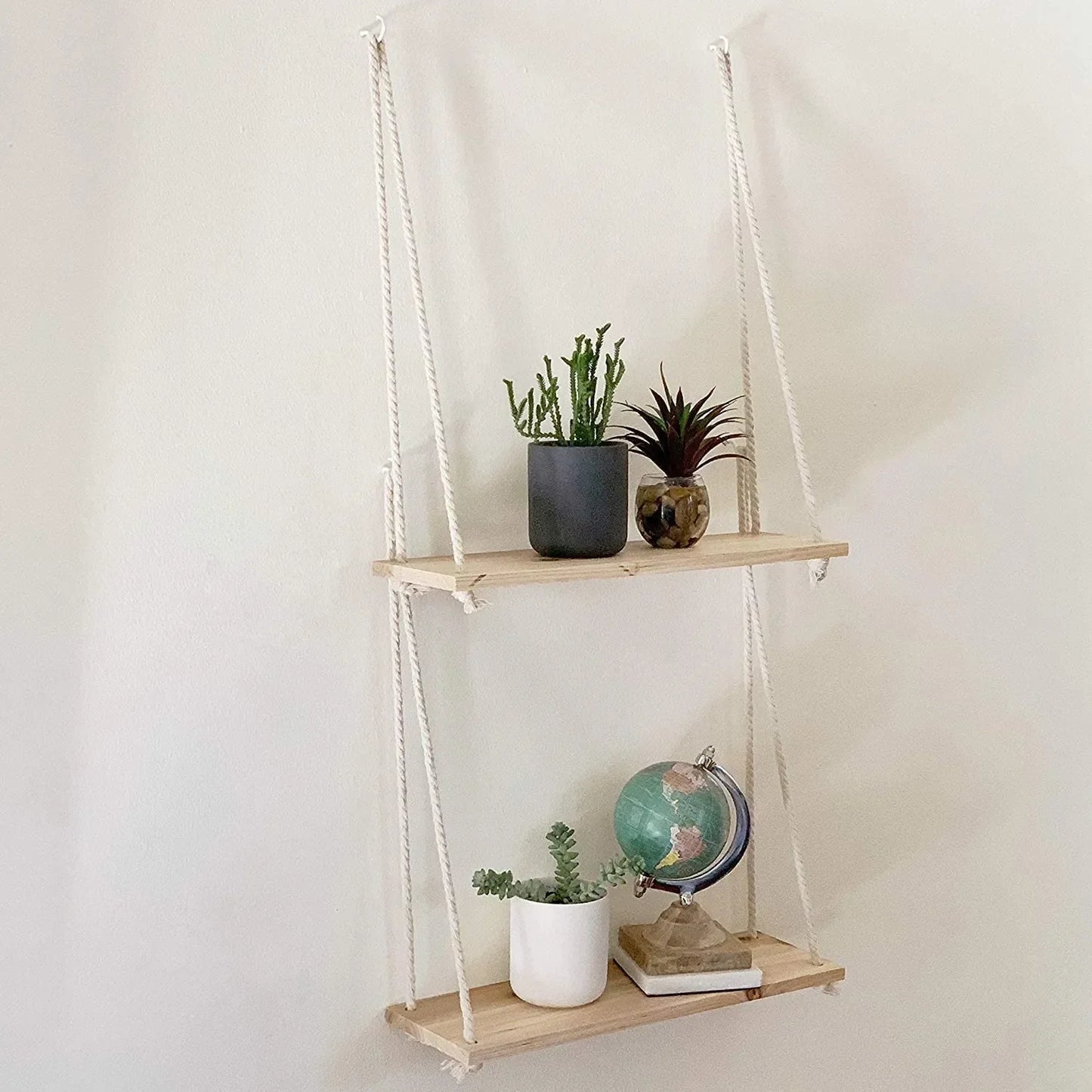 Wooden Rope Swing Wall Hanging Plant Flower Pot Tray - DecorGama