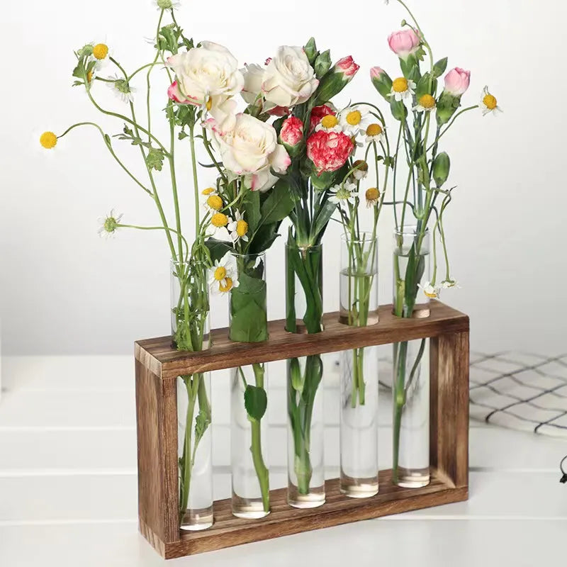 Simple Nordic Test Tube Glass Vase Decoration Creative Wooden Frame - DecorGama